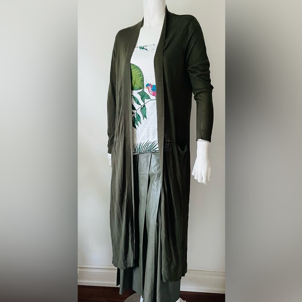 Zara Khaki Cardigan green sweater duster maxi long
